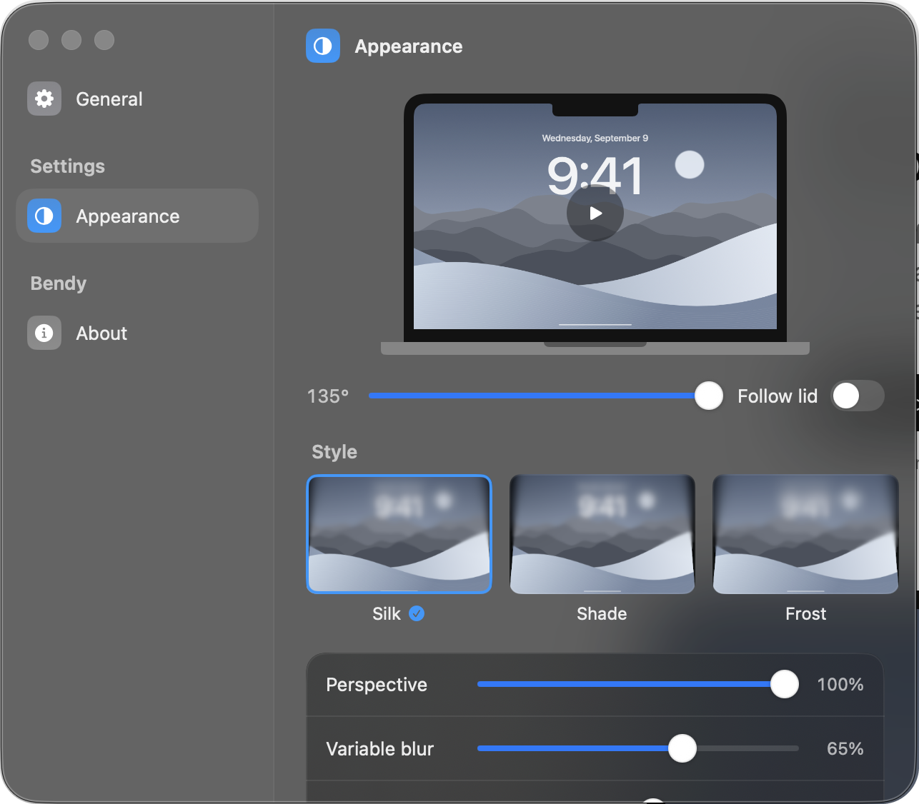 Bendy's Appearance settings: a live MacBook preview, a lid angle slider, Silk, Shade and Frost styles, and perspective, blur and shadow controls.